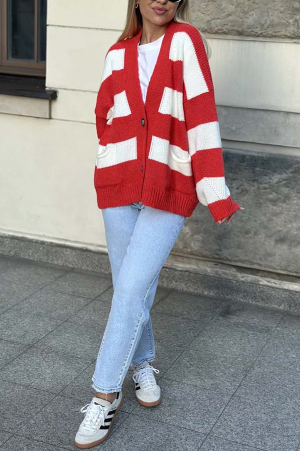 Casual V-neck Long-sleeved Striped Pocket Knitted Cardigan-consonak