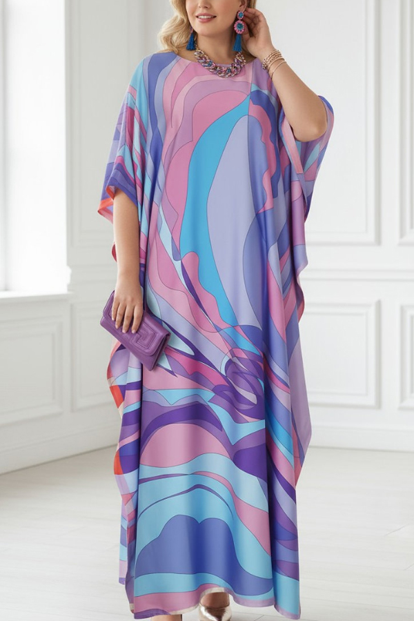 Unique Geometric Print Loose Round Neck Vacation Cover-up Maxi Dress