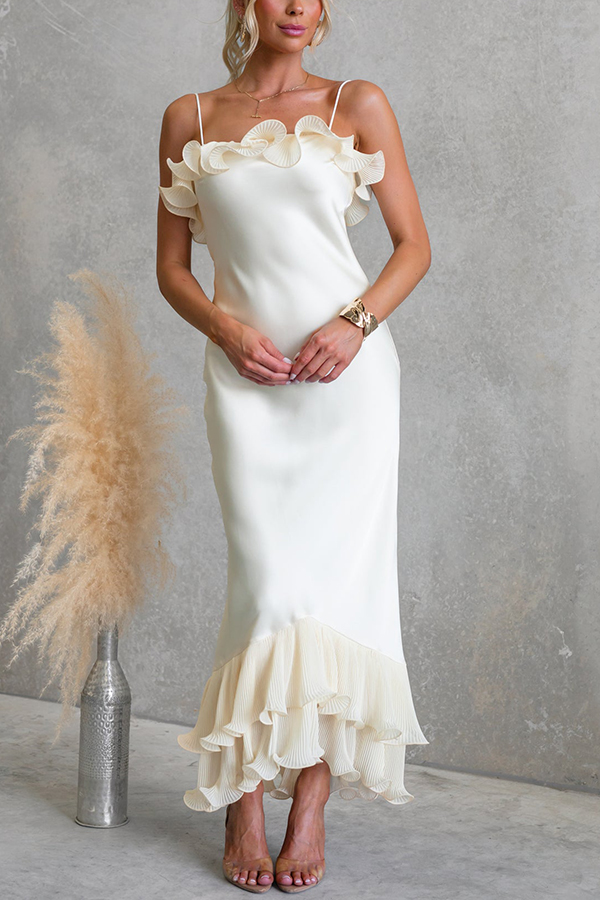 Bella Satin Pleated Chiffon Ruffle Details Slip Maxi Dress