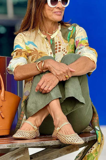 Cayla Linen Blend Unique Print Button Long Sleeve Shirt Midi Dress-consonak