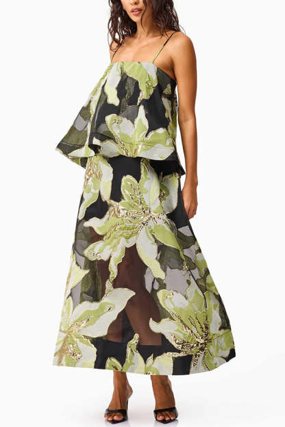 Effortlessly Romantic Floral Print Tiered Slip Square Neck A-line Maxi Dress