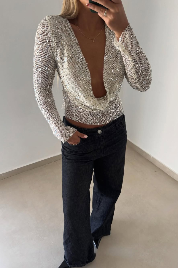 Fashionable Sequined Fishnet Casual Long-sleeved Top-consonak