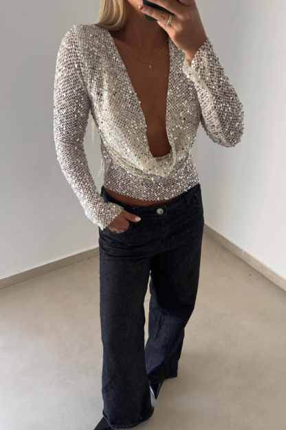 Fashionable Sequined Fishnet Casual Long-sleeved Top-consonak