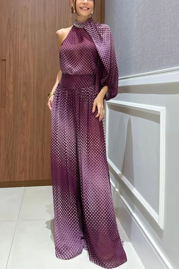 Gradient Polka Dot Print High-Neck Asymmetrical Balloon Sleeve Top and High Rise Wide Leg Pants Set