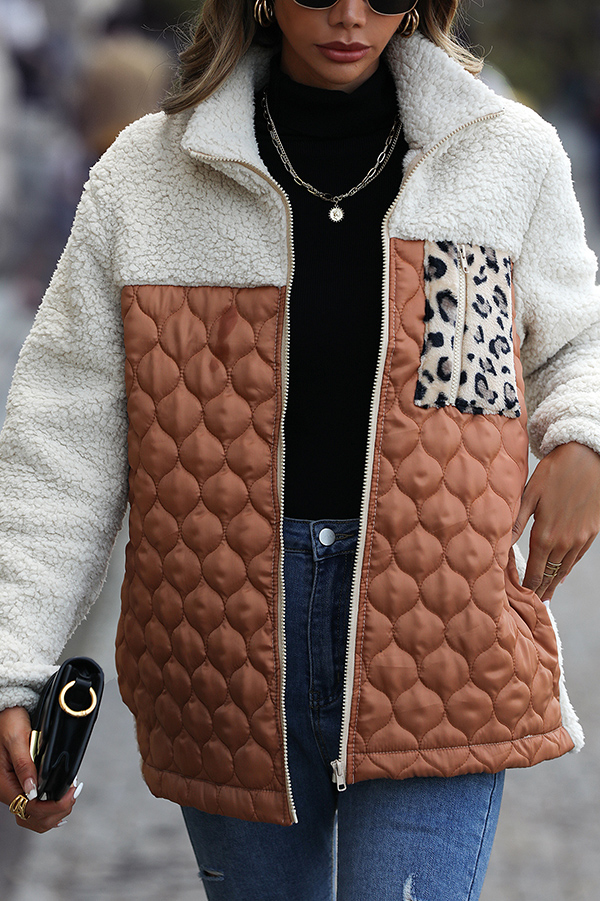 Casual Patchwork Plush Long Sleeve Leopard Print Pocket Loose Zipper Jacket-consonak