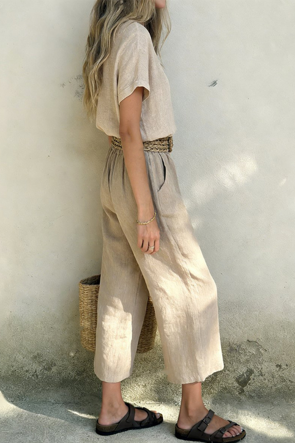 Linen Blend Crew Neck Short-sleeved Top and Elastic Waist Casual Pocket Pants Set-consonak
