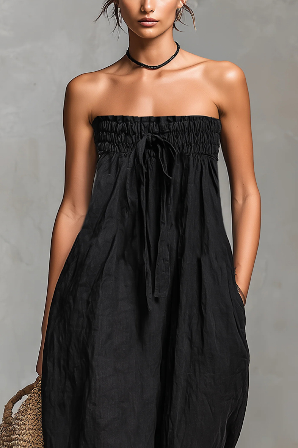 Linen Blend Sleeveless Off-shoulder Pleated Drawstring Loose Pocket Jumpsuit