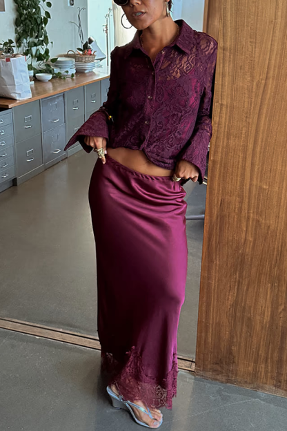 Sunday Social Contrast Color Satin Lace Trim Mid Rise Maxi Skirt-consonak