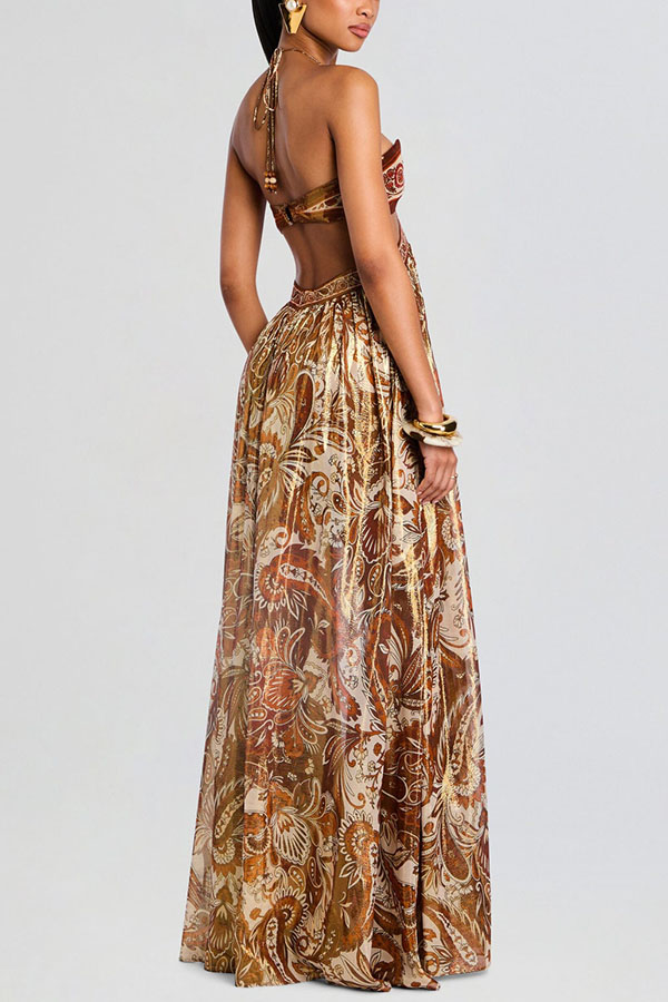 Bohemian Flair Chiffon Golden Paisley Print Cutout Halter Maxi Dress-consonak