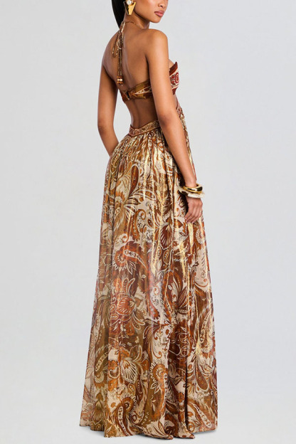 Bohemian Flair Chiffon Golden Paisley Print Cutout Halter Maxi Dress