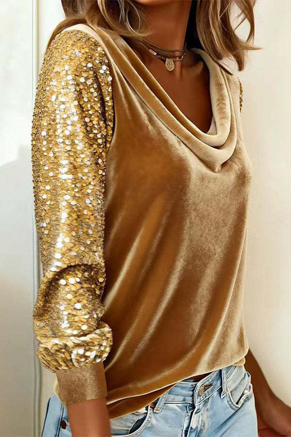 Stylish Velvet Sequin Patchwork Long-sleeved Casual Top-consonak