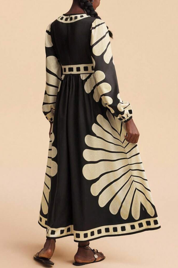 Unique Print V-Neck Long Sleeve Casual Vacation Maxi Dress