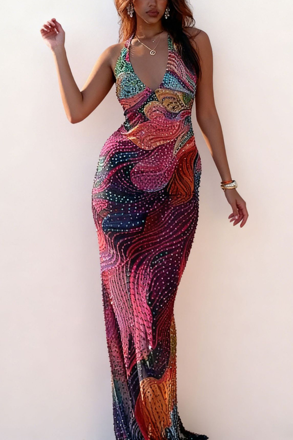 Fashionable Colorful Printed Sleeveless Halter Neck Slim-fit Maxi Dress