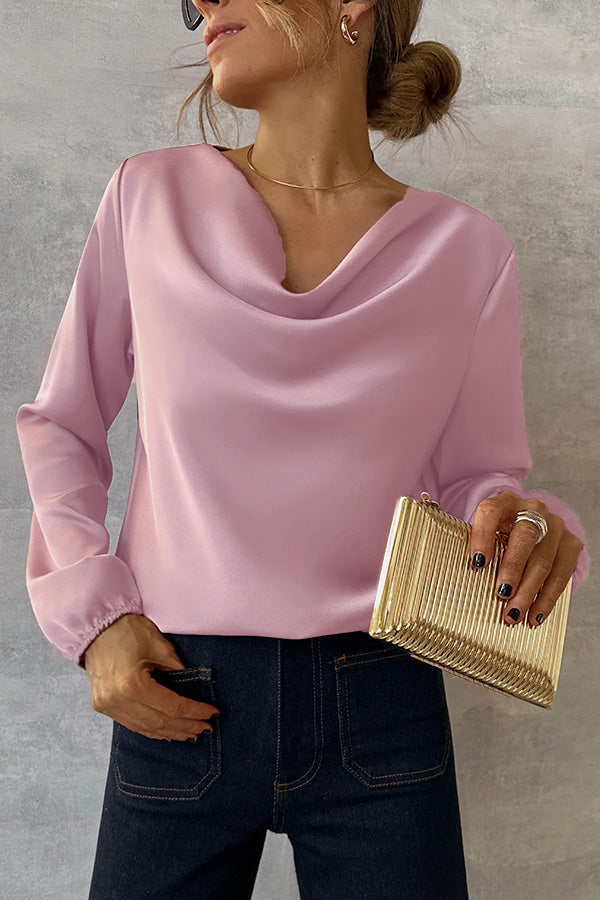 Simple and Beautiful Satin Cowl Drape Neck Long Sleeved Shirt-consonak