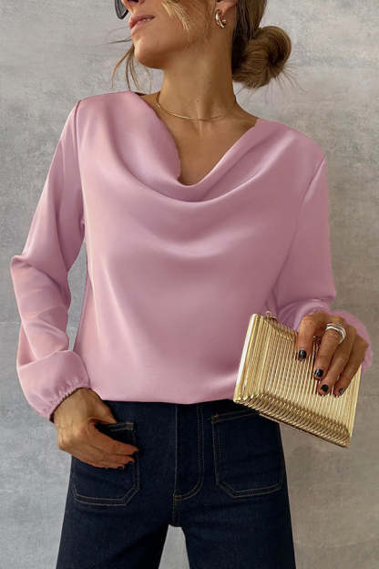 Simple and Beautiful Satin Cowl Drape Neck Long Sleeved Shirt-consonak