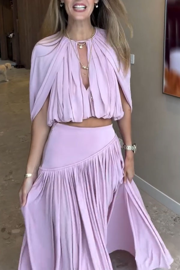 Venus Cutout Neck Slit Sleeve Crop Ruched Top and High Rise Pleated Maxi Skirt Set-consonak