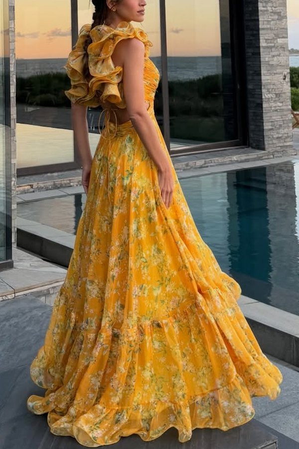 Delicate Garden Chiffon Floral Print Tiered Ruffle Cutout Back Lace-up Gown Maxi Dress