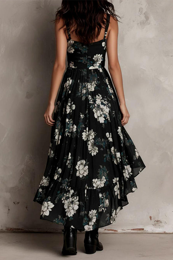 Midnight Wildflower High-Low Ruffle Floral Dress-Consonak