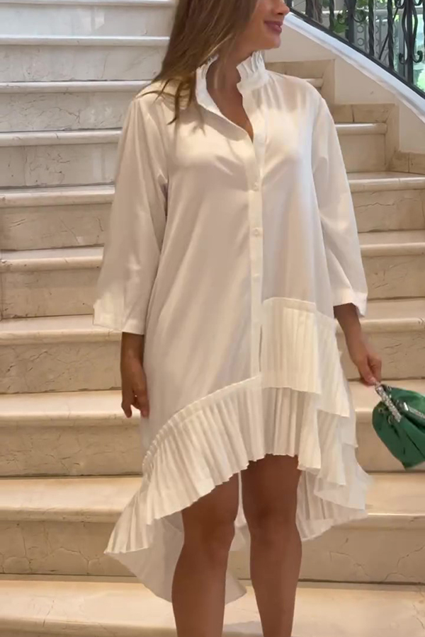Solid Color Palace Style Loose Irregular Pleated Hem Mini Dress-consonak