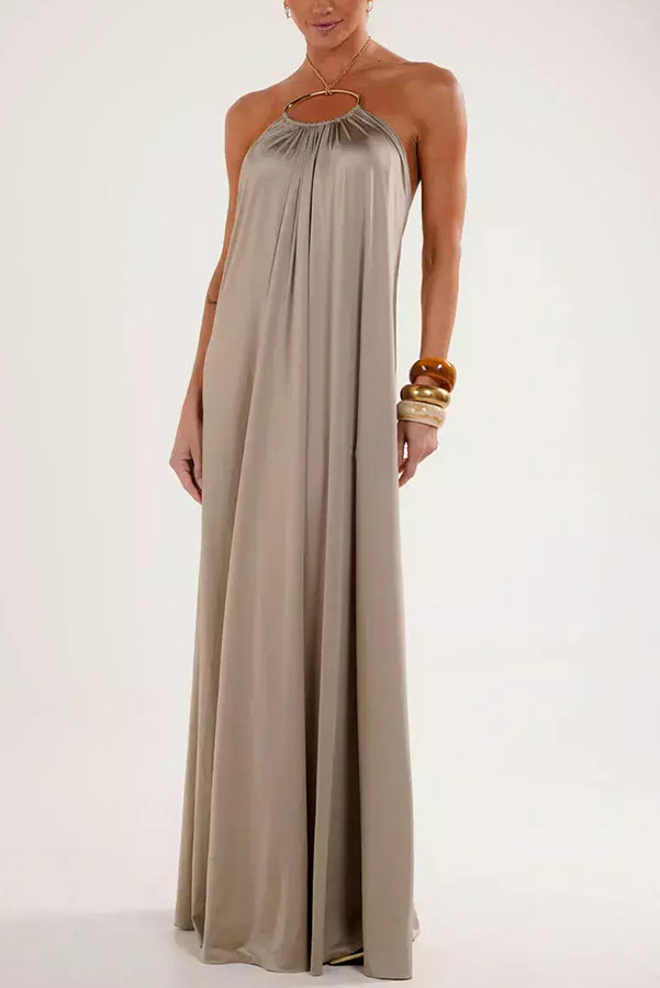 Ocean Goddess Metal Circular Chain Halter Backless Vacation A-line Maxi Dress | Consonak