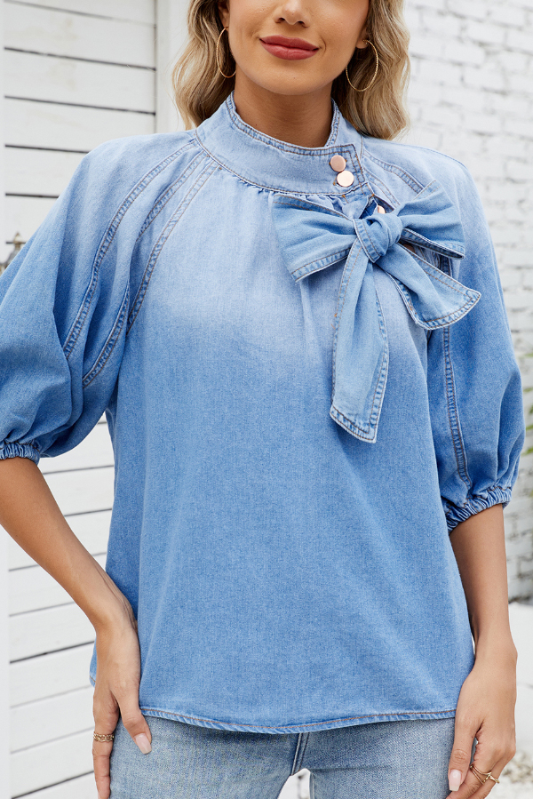 Fashionable Tie-up Bow Loose Lantern Sleeve Denim Top