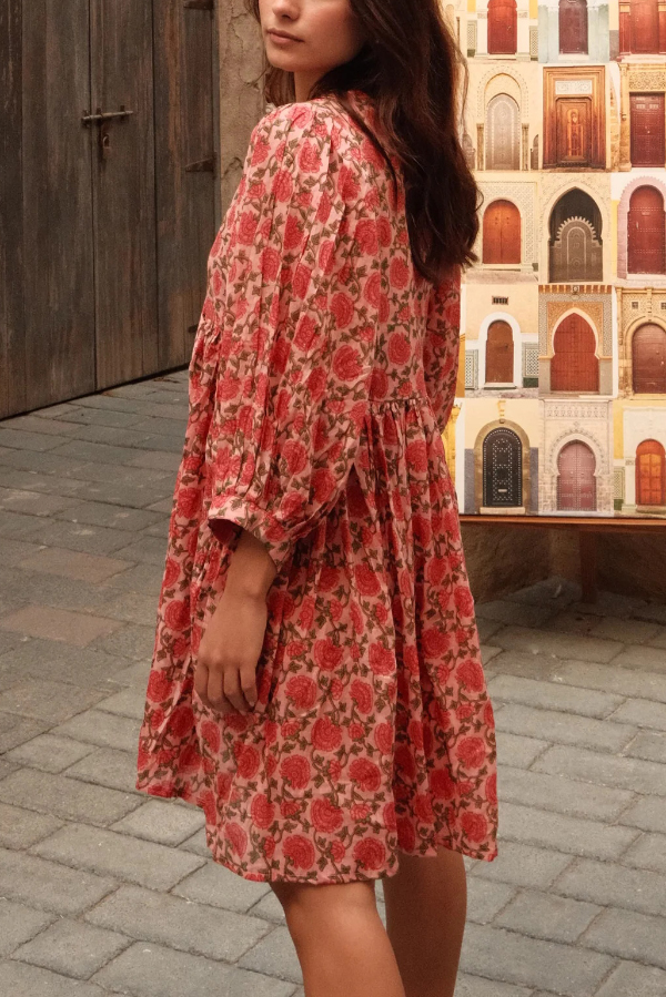 Floral Print Loose Round Neck Tie-up Casual Vacation Mini Dress