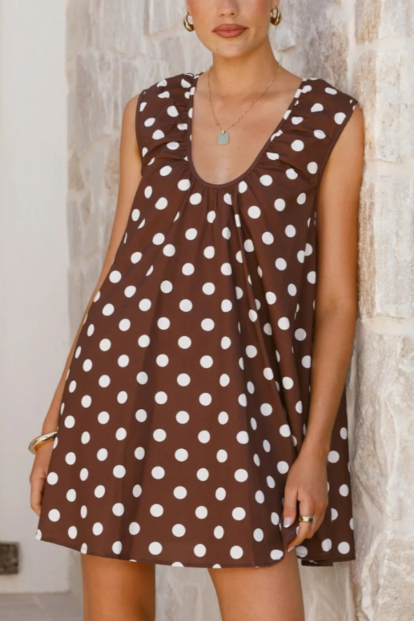 Fashionable Polka Dot Print U-neck Sleeveless Loose Mini Dress