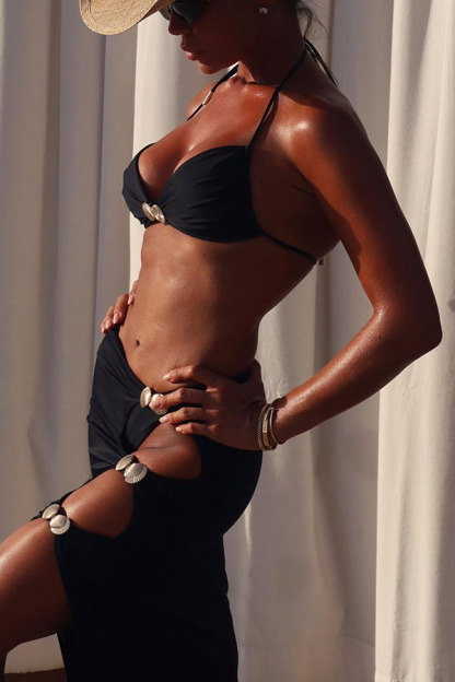 Ocean Whisper Metal Shell Design Halter Lace-up Two-Piece Elastic Bikini Swimsuit-consonak