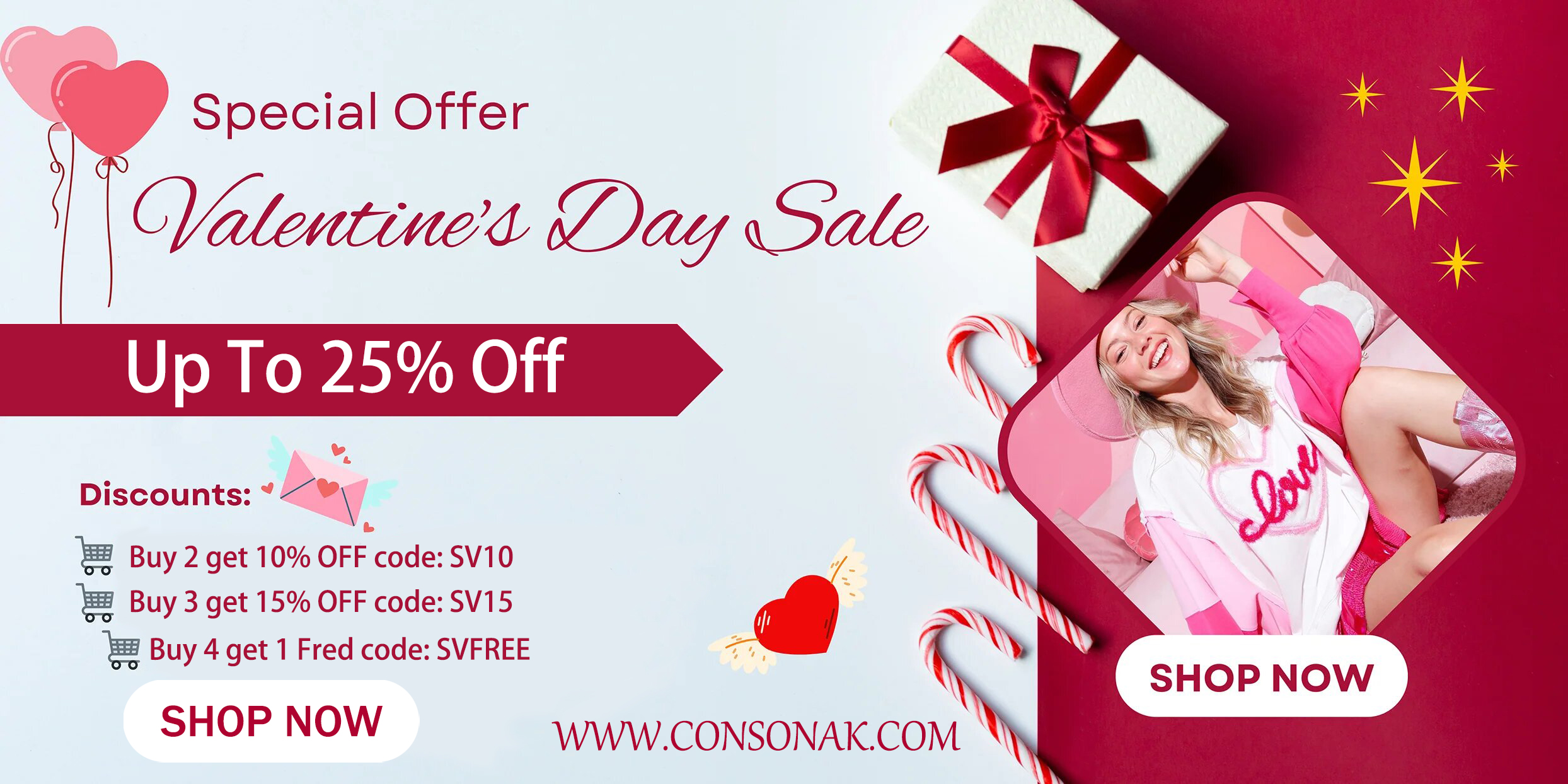 {"default":"Consonak Valentine’s Day sale banner featuring women’s romantic pink outfit, heart-themed design and gift box elements, offering up to 25% off on women’s fashion, perfect for Valentine’s Day outfits and holiday gifting."}
