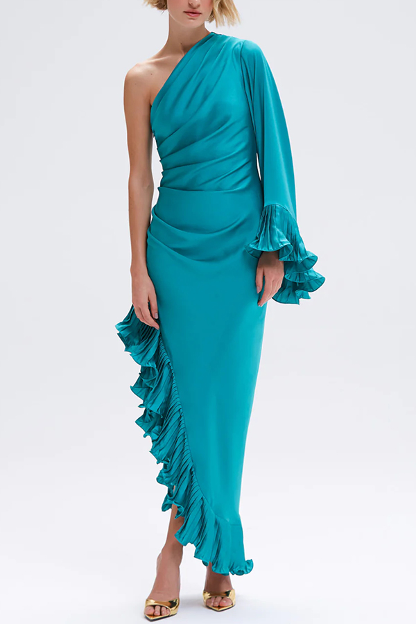 Elegant Satin One Shoulder Sleeve Pleated Ruffles Trim Ruched Asymmetrical Maxi Dress-consonak