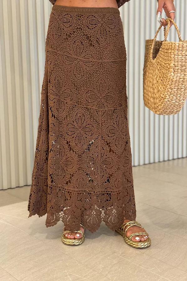 Anina Knit Crochet Cutout High Rise Elastic Waist Maxi Skirt
