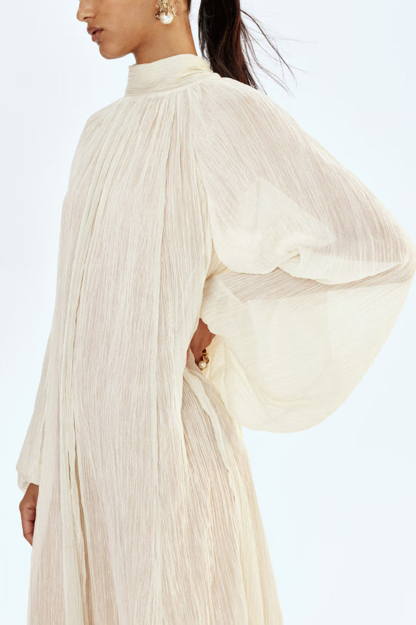 Solid Color High-neck Long-sleeved Loose Ruffle Maxi Dress-consonak