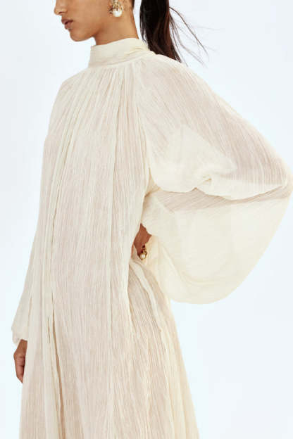 Solid Color High-neck Long-sleeved Loose Ruffle Maxi Dress-consonak