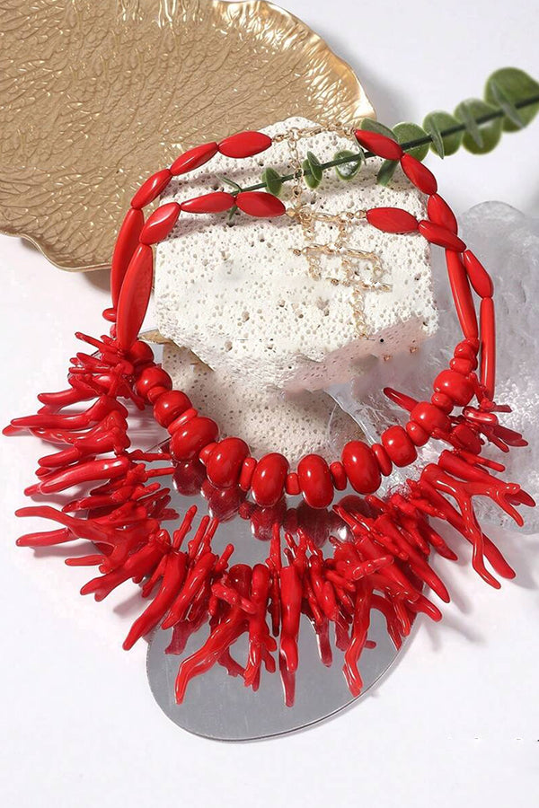 Bohemian Red Coral Necklace Two-piece Set-consonak