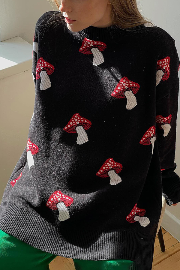 Mushroom Pattern Casual Loose Round Neck Knitted Sweater-consonak