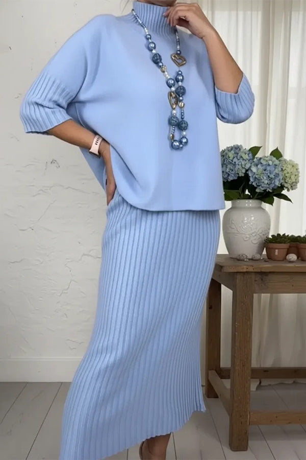 Solid Color Loose-fitting Turtleneck Knit Sweater and Stretchy Elegant Midi Skirt Set-consonak