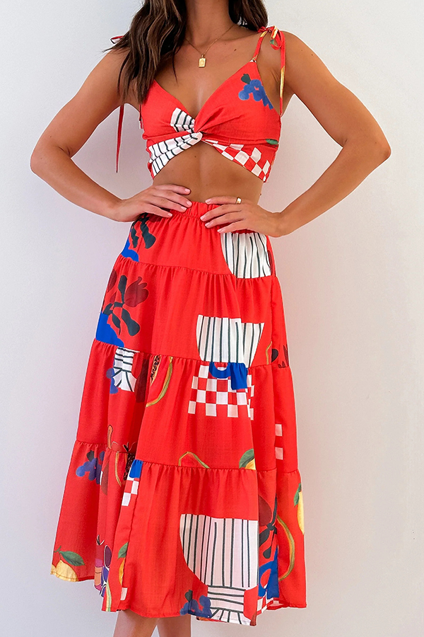 Unique Printed Sexy Camisole Elastic Waist Long Skirt Two Piece Set-consonak