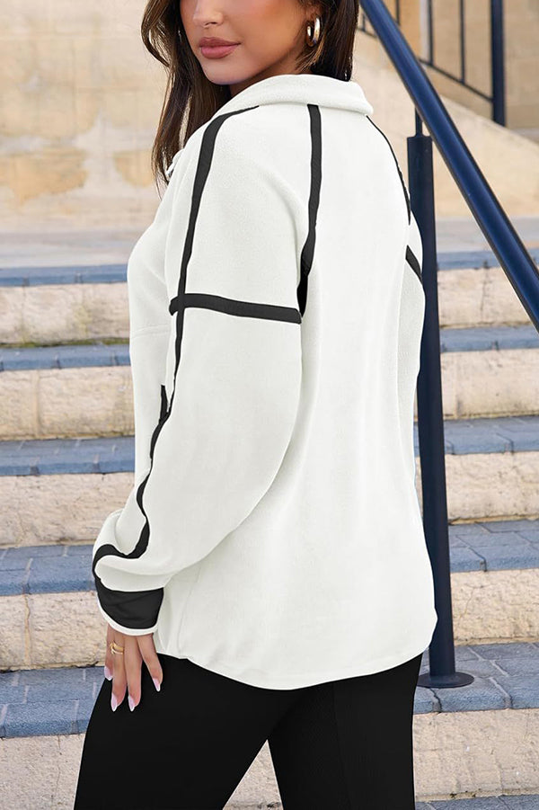 Stylish Color-blocked Trim Loose Casual Pocket Sweatshirt-consonak