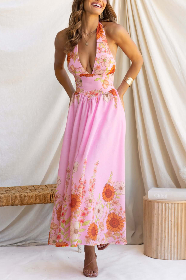 Sunflower Print V-neck Fitted Waist Elegant Maxi Dress