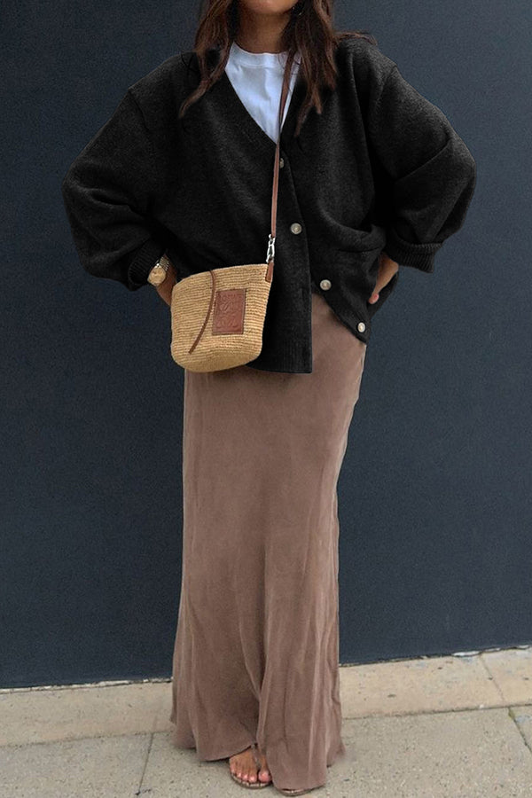 Solid Color V-Neck Button Casual Pocket Knit Cardigan-consonak