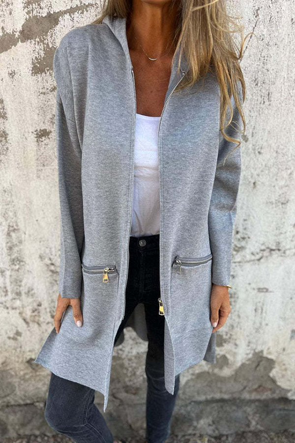 Solid Color Hooded Casual Zip Pocket Jacket-consonak