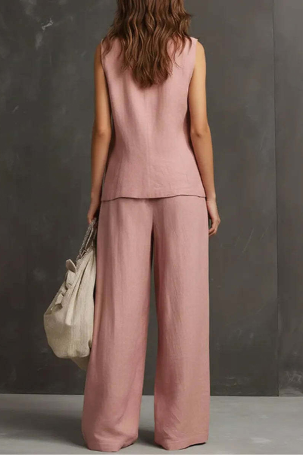 Linen Blend V-neck Sleeveless Button-down Vest and Casual Elastic Waist Pocket Wide-leg Pants Set-Consonak