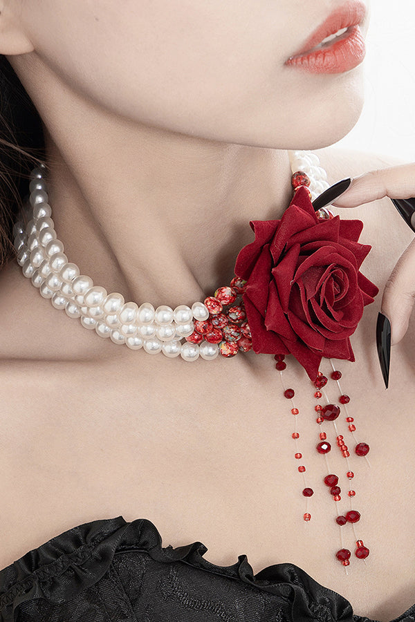 Halloween Dark Blood-stained Pearl Beaded Rose Necklace-consonak
