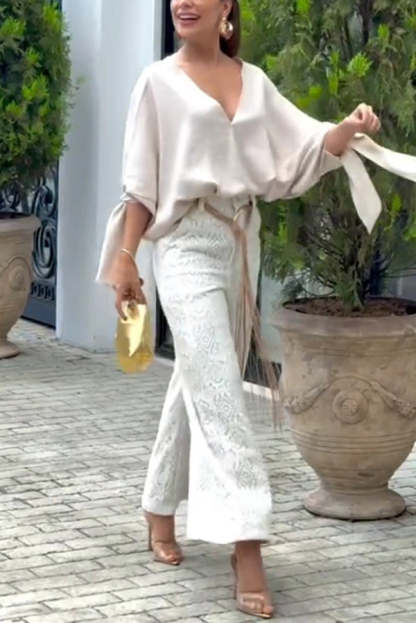 Joyful Bond Linen Blend V-neck Knotted Cuff Half Sleeve Loose Top-consonak