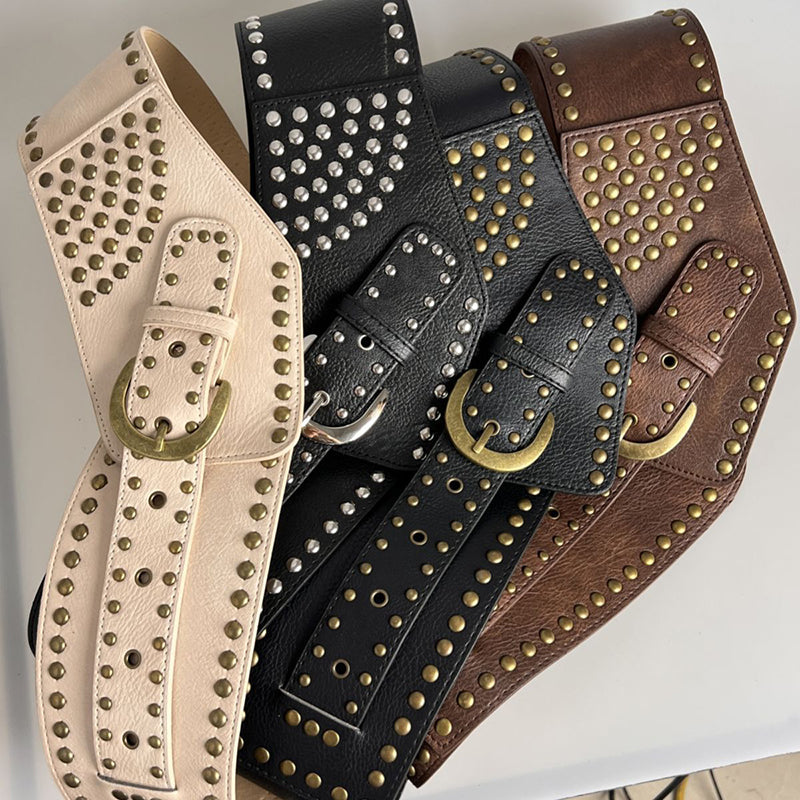 Vintage Faux Leather Rivet Pin Buckle Wide Belt | Consonak