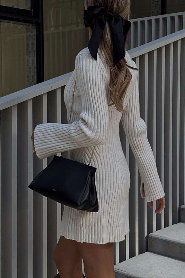Beautiful Basic Ribbed Knit Long Slit Sleeve Flare Stretch Dress-consonak