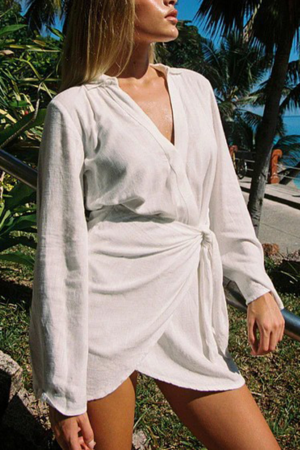Solid Color Casual Long-sleeved V-neck Tie Waist Mini Dress-consonak