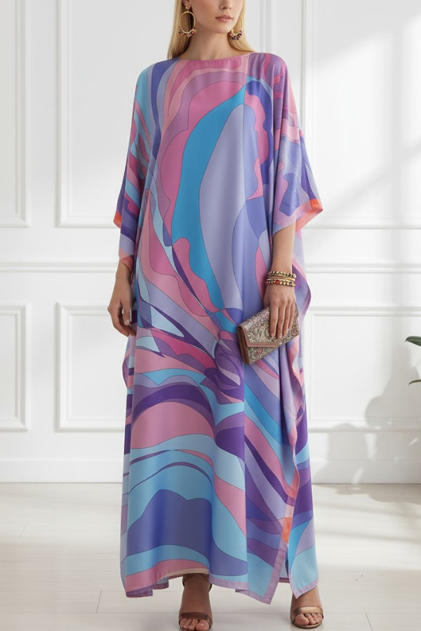Unique Geometric Print Loose Round Neck Vacation Cover-up Maxi Dress