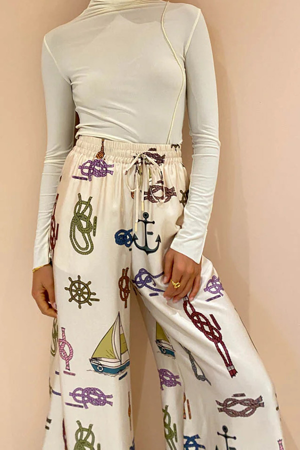 Sail Away Satin Unique Nautical Motifs Print Elastic Waist Pocketed Wide Leg Pants-consonak