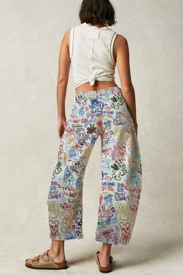 Fashionable Printed Casual Loose Mid-rise Pocket Leg Jeans
